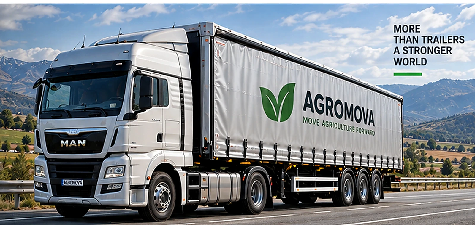 Truck and curtain side semi trailer on a highway